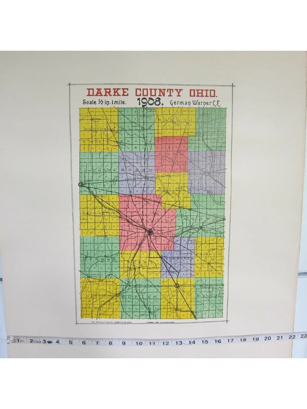 Antique 1908 Darke County Ohio Map, LARGE Railroad & Township Color Map 27x22 A